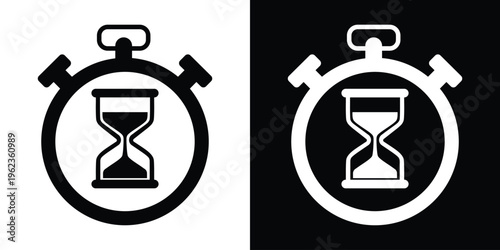 Stopwatch with hourglass symbol icon. Vector graphic combining two time elements to represent urgency, waiting time, and history. Perfect for management and countdown themes.