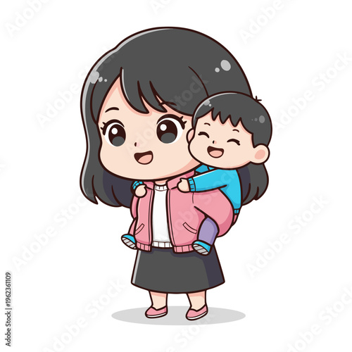 Cute Illustration of a Happy Mother Giving Piggyback Ride to Child