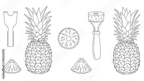 Set of pineapple preparation tools and sliced fruit shown in a black and white line art vector illustration style.
