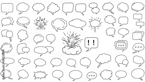 Large collection of diverse speech bubbles and comic thought clouds are presented in a simple hand drawn style.