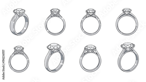 Various angles and designs of elegant diamond rings on silver bands for engagement wedding and luxury jewelry marketing materials for stores.