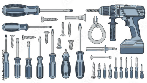 Professional set of hand tools including screwdrivers screws a pair of pliers and a power drill for construction and home repair projects.