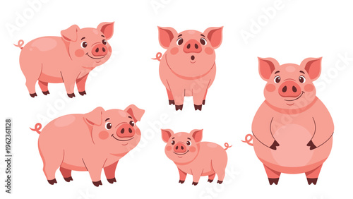 Collection of pink cartoon pigs in various funny poses and expressions are shown against a plain white background.