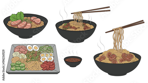 Selection of delicious ramen noodle soup bowls with various toppings like meat and eggs served in a traditional style.