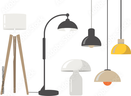 Modern lamp vector set, floor table and pendant lights interior lighting design collection