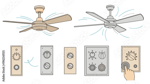Selection of modern ceiling fans with different speed control wall switches are displayed in a technical illustration.