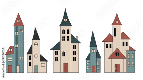 Row of uniquely designed stylized houses with pointed roofs and different architectural features in soft colors.