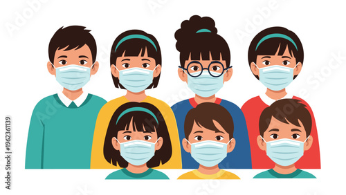 Group of diverse men, women, and children are wearing protective medical masks to stay safe in public areas.