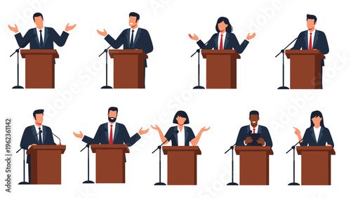 Professional speakers and politicians delivering presentations or speeches from behind a wooden podium in a formal setting.