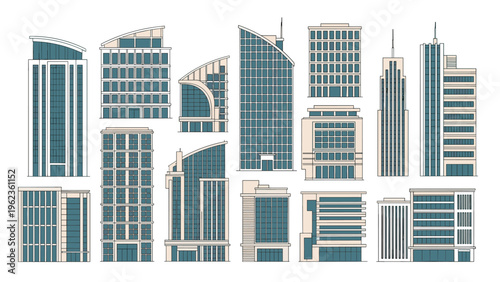 Modern architectural designs of skyscraper office buildings with glass facades and contemporary structural styles for cityscapes.