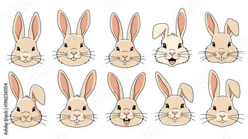 Adorable rabbit face illustrations depicting a wide range of emotions and expressions from joy to surprise and content.