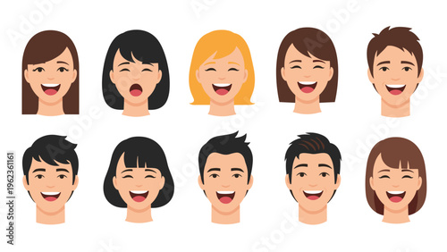 Diverse group of smiling men and women showing happy facial expressions for representing joy and positive human connection.