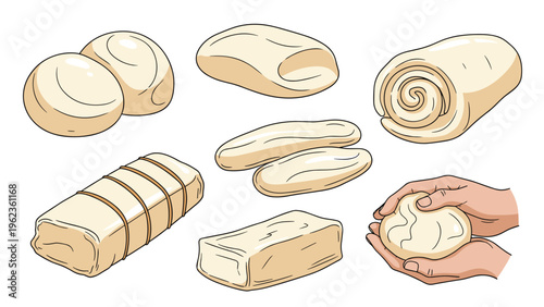 Culinary illustrations showing different stages of bread dough preparation such as kneading, rolling, and shaping for baking.