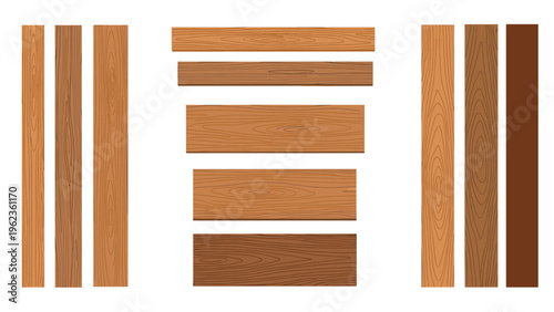 Selection of wooden planks and timber boards showing different grain textures and shades for interior design or construction.