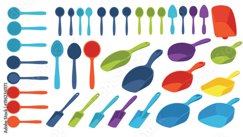 Colorful plastic scoops and measuring spoons in various sizes and shapes for kitchen use or industrial material handling.