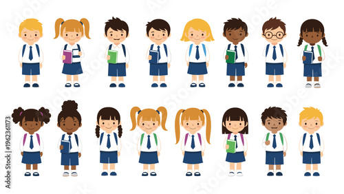 Group of diverse school children in uniforms holding books and bags ready for a day of learning in a primary classroom.