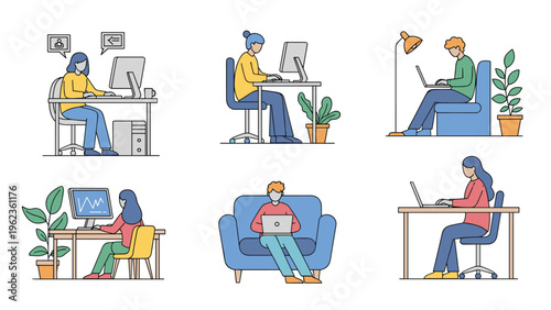 People working from home or in an office environment using laptops and desktop computers while sitting on chairs or sofas.