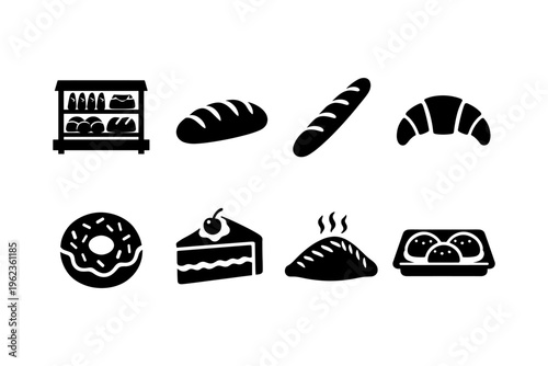 Collection of black icons representing various baked goods and a bakery display shelf