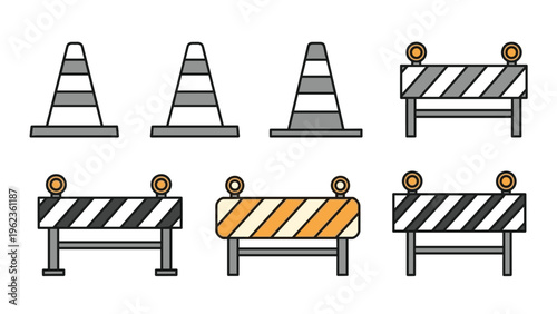 Road safety equipment collection featuring orange traffic cones and striped barriers with warning lights for construction zones.