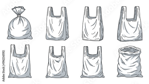 Various types of carry bags and sacks including plastic shopping bags and large fabric bundles for storage or transport.