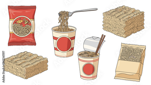 Assorted instant noodle products including packaged dried blocks and convenient cup noodles with chopsticks and fork ready.