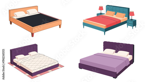 Variety of double bed designs with different headboards linens and bedside tables for bedroom furniture and interior design inspiration.