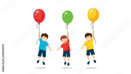 Three happy boys floating in the air while holding onto colorful red green and yellow balloons representing childhood joy and celebration.