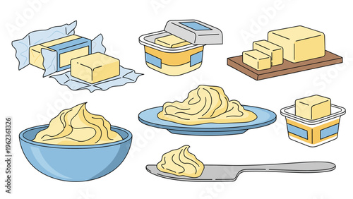 Various forms of butter including sticks containers blocks and swirls in bowls for cooking baking and healthy food presentation concepts.