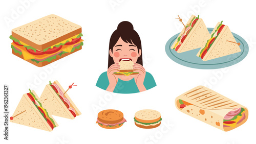 Assorted sandwiches wraps and a smiling woman enjoying a meal representing lunch options food service and healthy quick dining habits for people.
