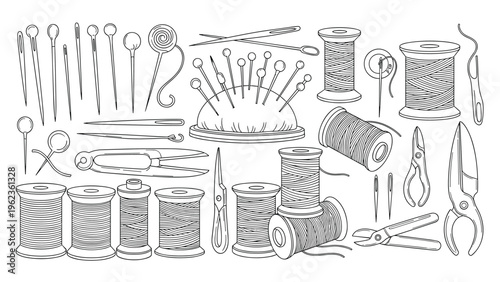 Detailed black and white sketches of sewing tools including thread spools needles pins and scissors for craft and dressmaking themes.