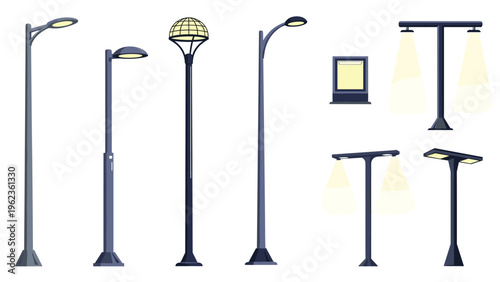 Selection of modern street light poles and lanterns with different designs and illumination patterns for urban planning and city landscape design.