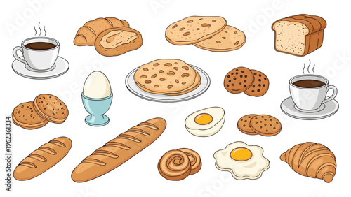Assortment of breakfast items including coffee eggs bread croissants and cookies for morning meal and bakery advertisement illustrations.