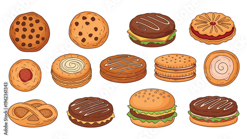 Diverse assortment of food items including hamburgers cheeseburgers cookies and sandwich biscuits for menu design and snack advertisements.