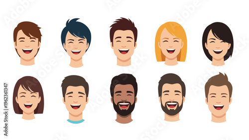 Collection of diverse male and female faces showing expressions of laughter and happiness for positive social and community themes.