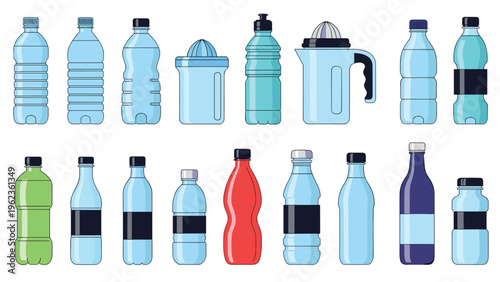 Diverse collection of plastic and glass water bottles and juice carafes in various shapes and sizes for hydration and beverage packaging themes.