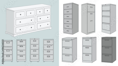 Variety of office storage solutions including filing cabinets and drawers in different sizes and perspectives for workplace organization concepts.