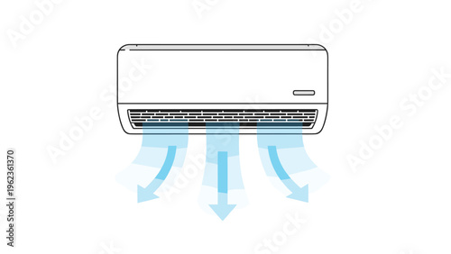 Modern wall-mounted air conditioner unit showing blue air currents for climate control cooling and ventilation systems in home interiors.