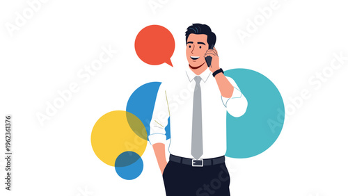 Young businessman talking on a smartphone with colorful background speech bubbles representing communication business calls and connectivity.