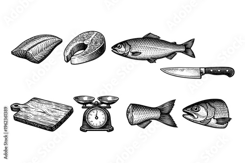 Vintage illustration of fish preparation tools and seafood cuts