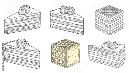 Detailed sketches of various cake slices and wafer sandwiches with strawberries nuts and cream layers for dessert menu and bakery themes.