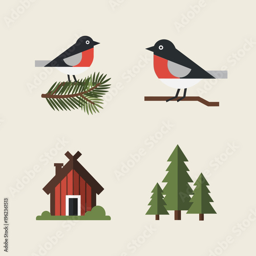 Robin birds on branch, red cabin, and pine trees, minimalist flat design