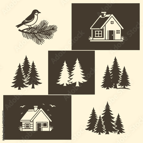 Rustic Forest Scene: Bird on Pine Branch, Houses, and Evergreen Trees Icons