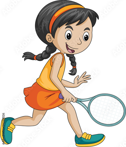 Girl playing tennis vector illustration, cute child athlete running with racket sport cartoon design