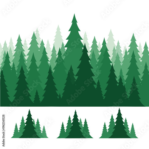 Seamless Forest Pattern: Evergreen Trees in Various Shades of Green