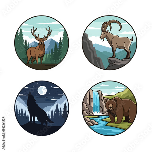 Set of 4 circular icons with wild animals in their natural habitats, forest, mountains, waterfall