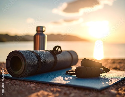 Yoga Mat and Water Bottle at Sunset.