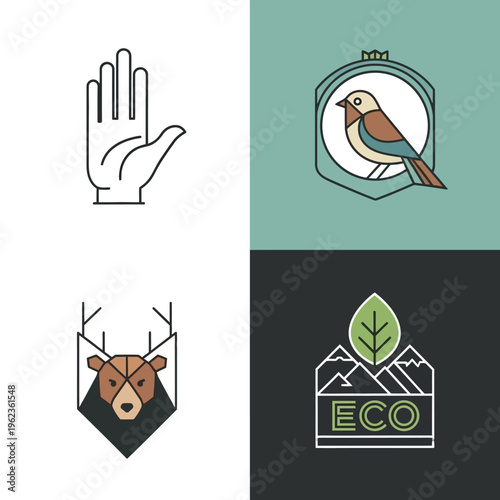 Set of 4 geometric nature logos: hand, bird, deer, eco mountains. Minimalist line art.