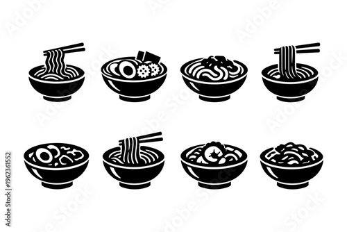 Collection of eight black and white icons depicting various bowls of noodles