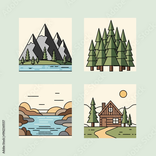 Set of 4 minimalist landscape illustrations: mountains, forest, lake, and cabin