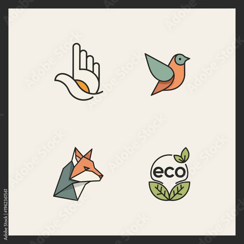 Set of 4 minimalist geometric logos: hand, bird, fox, and eco symbol
